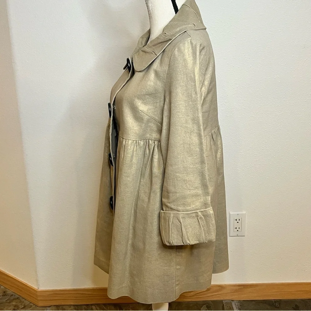 Kenzie Gold Metallic Light Weight Coat Big Buttons, Pleated Collar and Sleeves - Picture 4 of 11